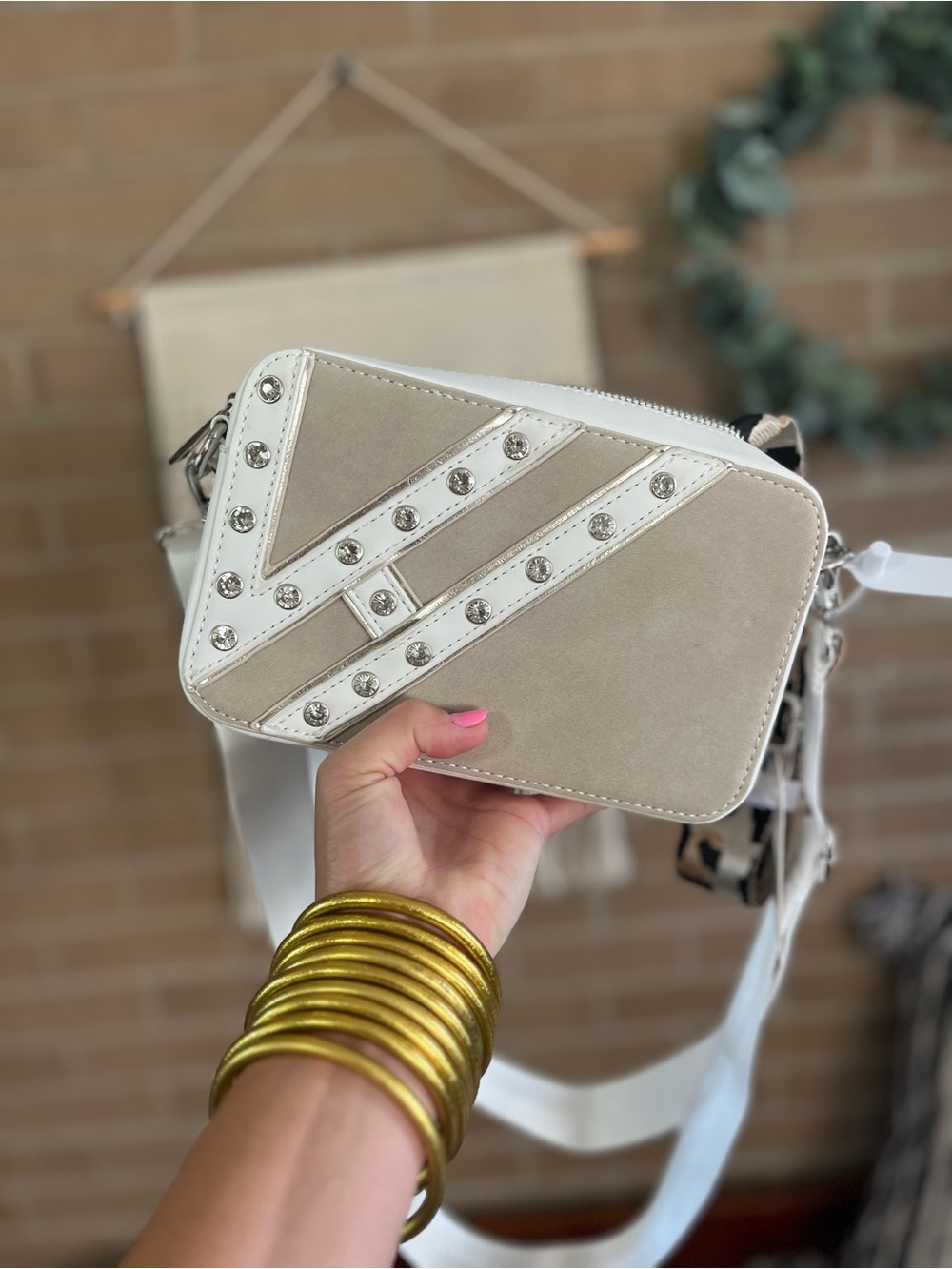Vintage Havana Beige and White Studded Crossbody Bag